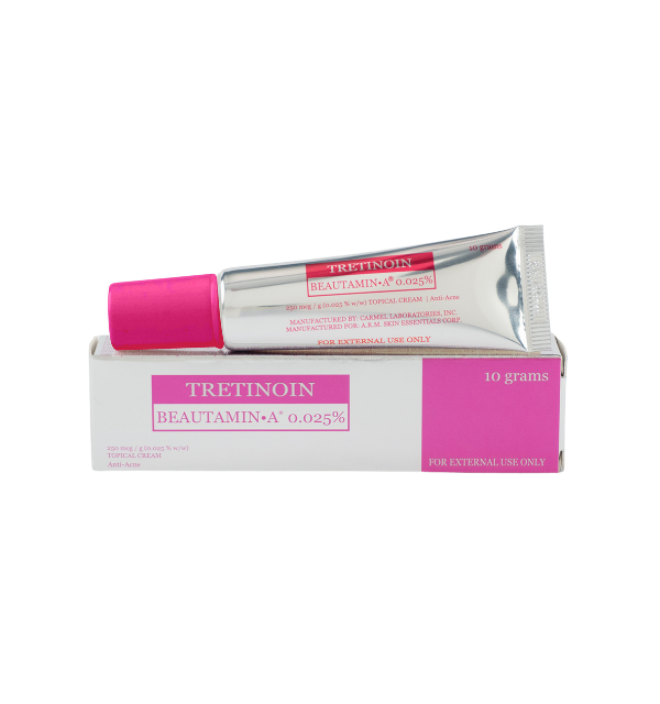 Image of Beautamin A 0.025% tube and packaging, neutral depiction