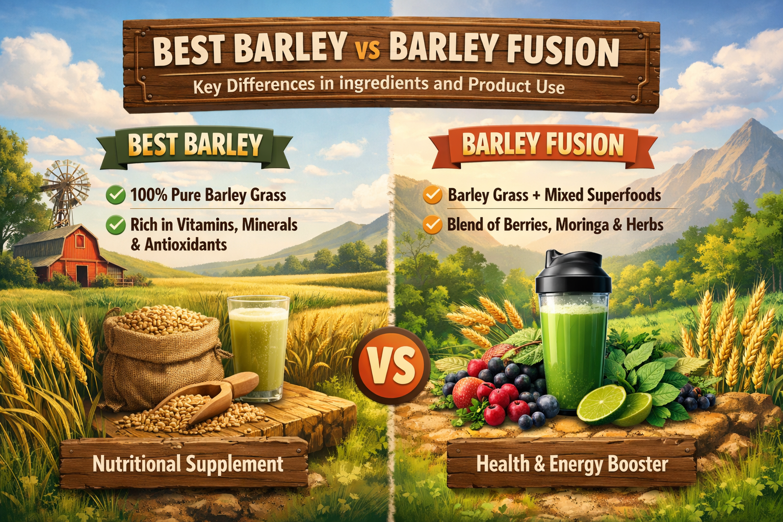 Best Barley vs Barley Fusion Comparison Cover Landscape graphic showing two barley product categories side by side with ingredient and format labels.