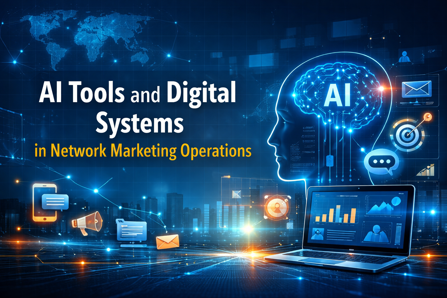 AI dashboard and digital marketing icons representing automation in network marketing systems.