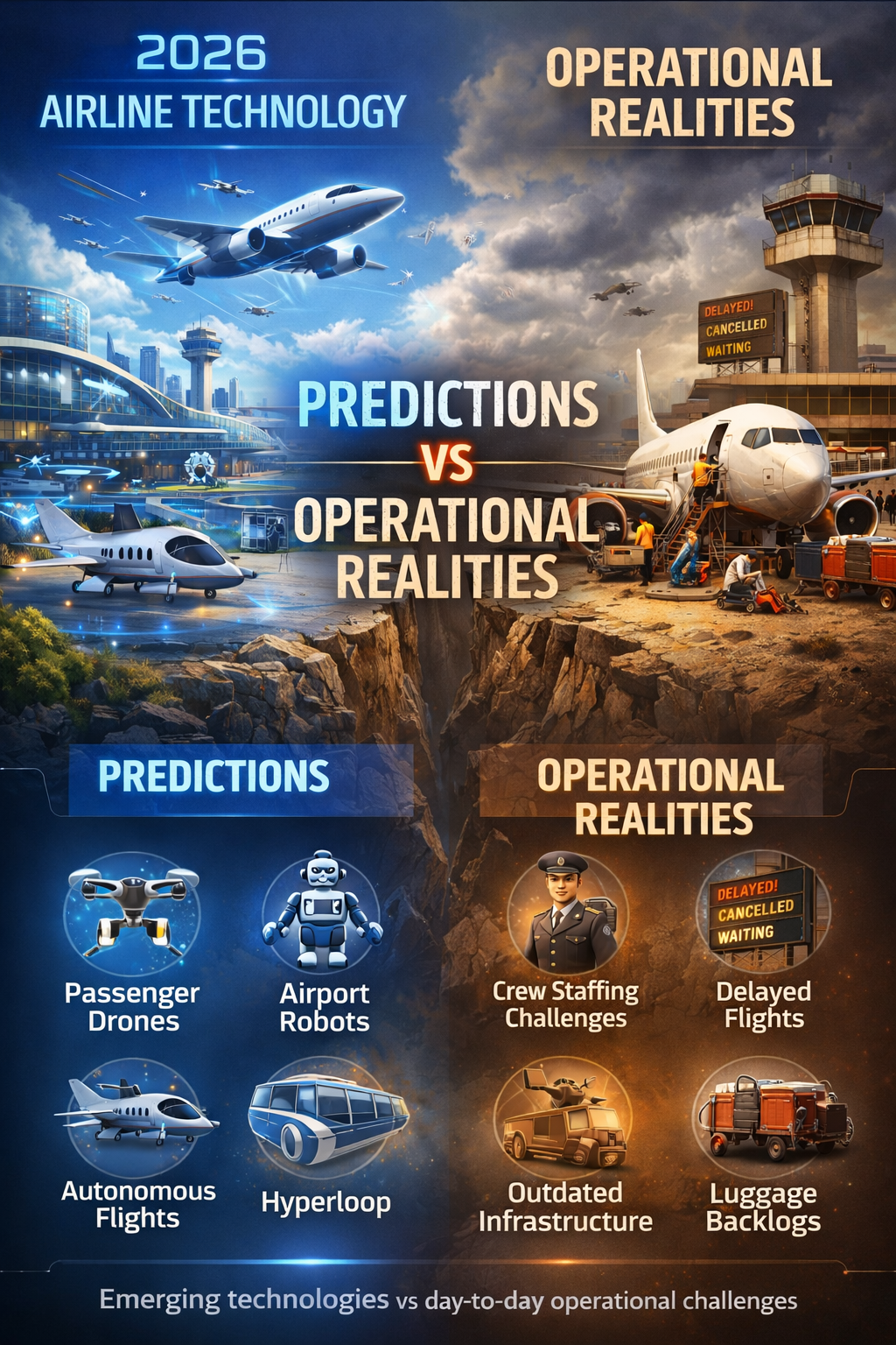 Comparison chart of 2026 airline technology predictions and real-world adoption.