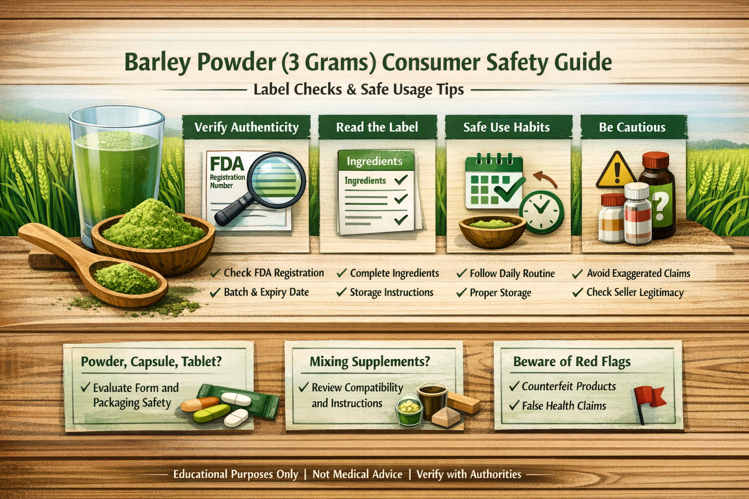 Glass of green barley powder drink beside loose powder, grain stalks, and labeled 3g sachets on a light background.