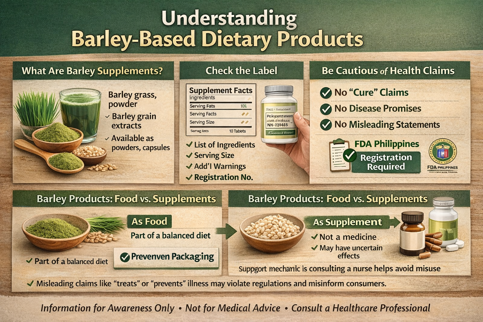 Educational infographic showing barley products, labeling, and food vs. supplements