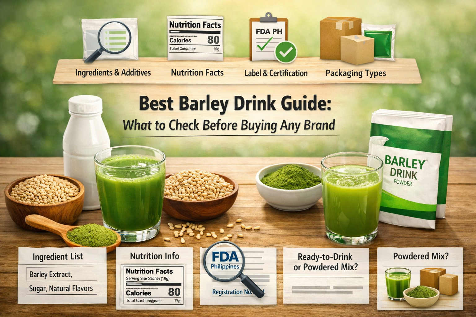 Various barley drink bottles, powdered sachets, and brewed drinks with labels and ingredients shown.