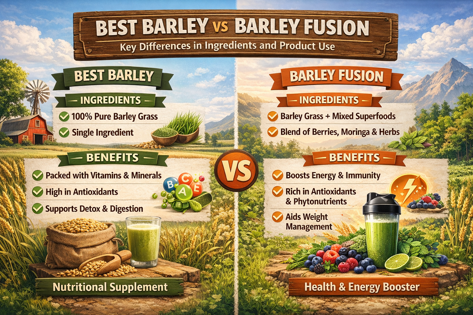 Infographic comparing two barley product categories with labeled ingredient lists and visual product representations.