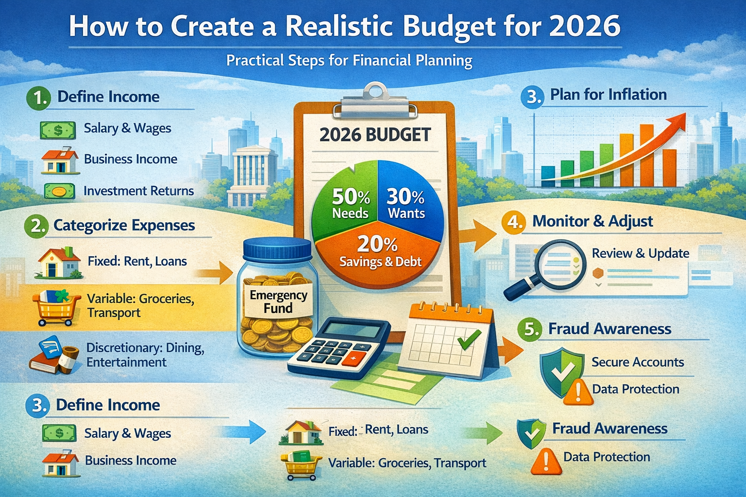 Infographic displaying income sources, fixed and variable expenses, savings allocation chart, inflation graphic, and fraud awareness icons.