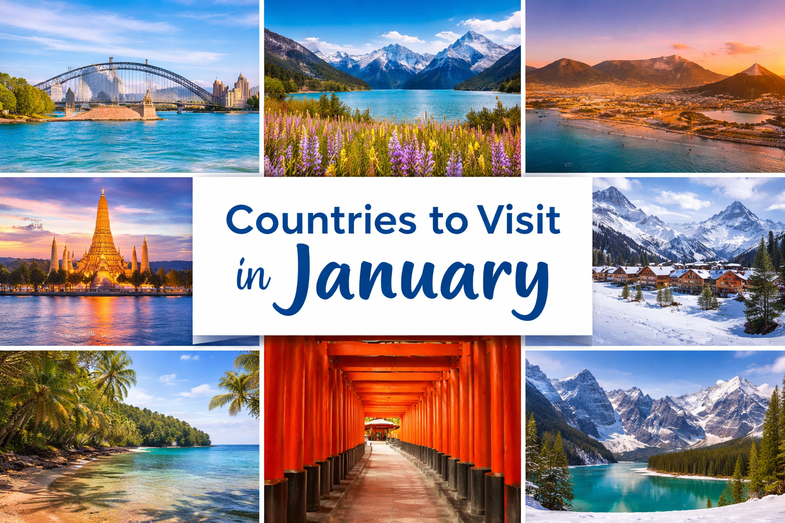 Collage of international landscapes including coastal cities, mountains, tropical beaches, and winter scenes representing global January travel conditions.