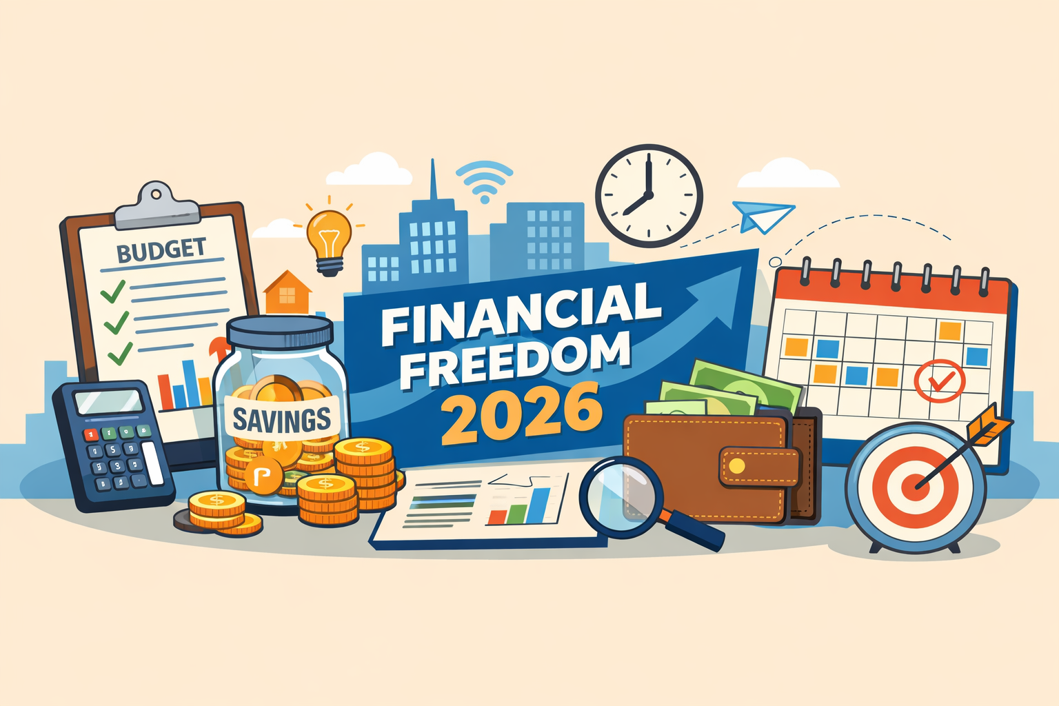 Vertical infographic showing definitions of financial freedom, net worth, emergency fund, cash flow, and budgeting tools in 2026.