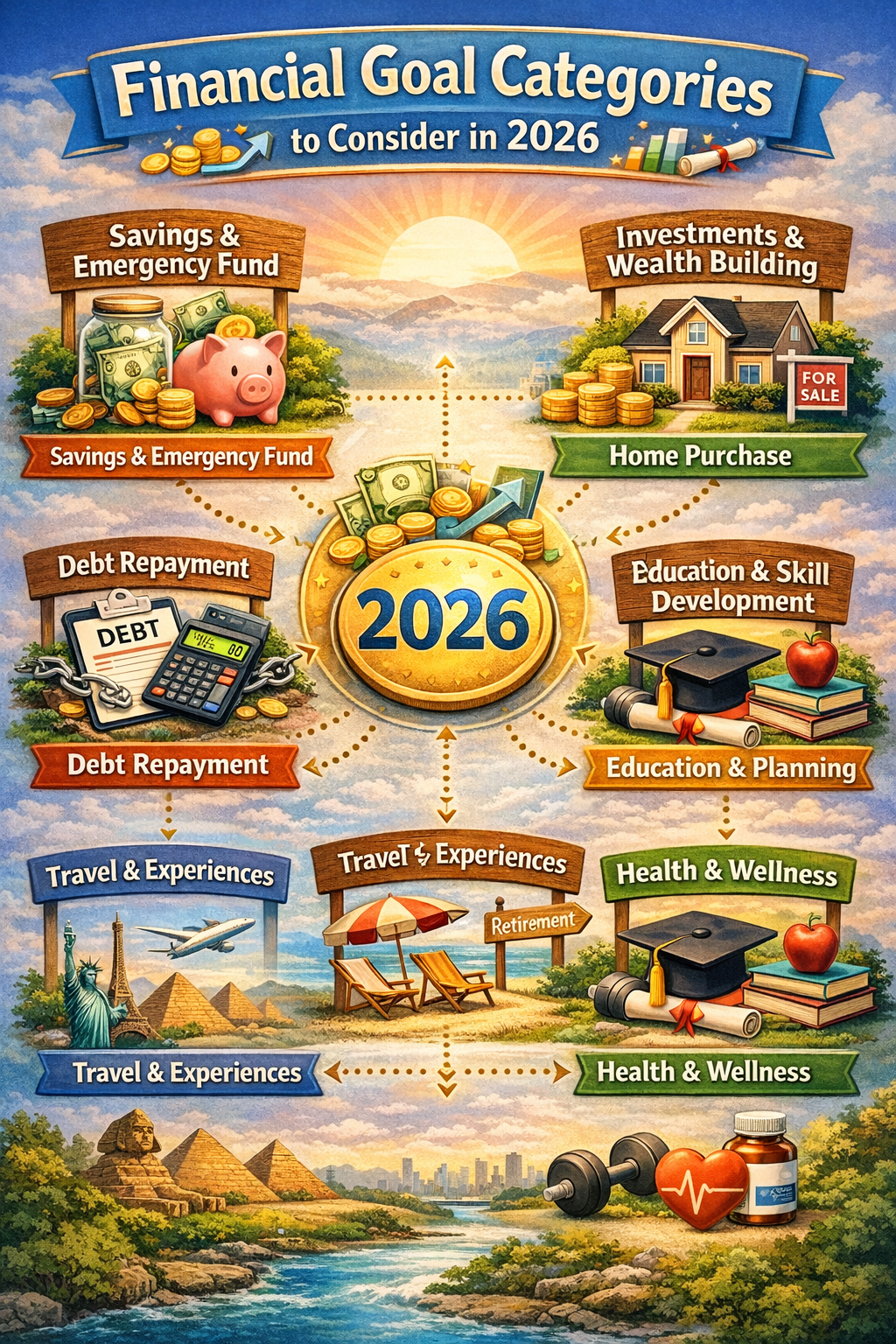 Vertical infographic listing savings, debt review, emergency funds, retirement planning, and financial literacy topics in the Philippines context.