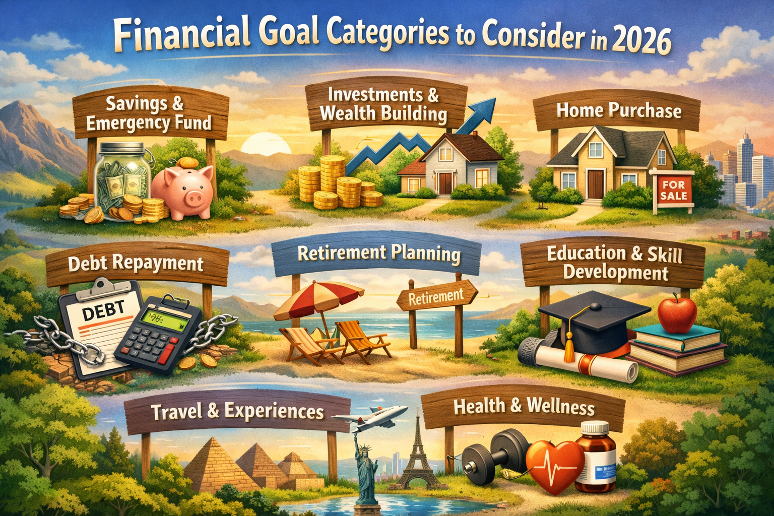 Notebook with “2026 financial goals” written beside calculator, coins, and Philippine peso notes on a desk.