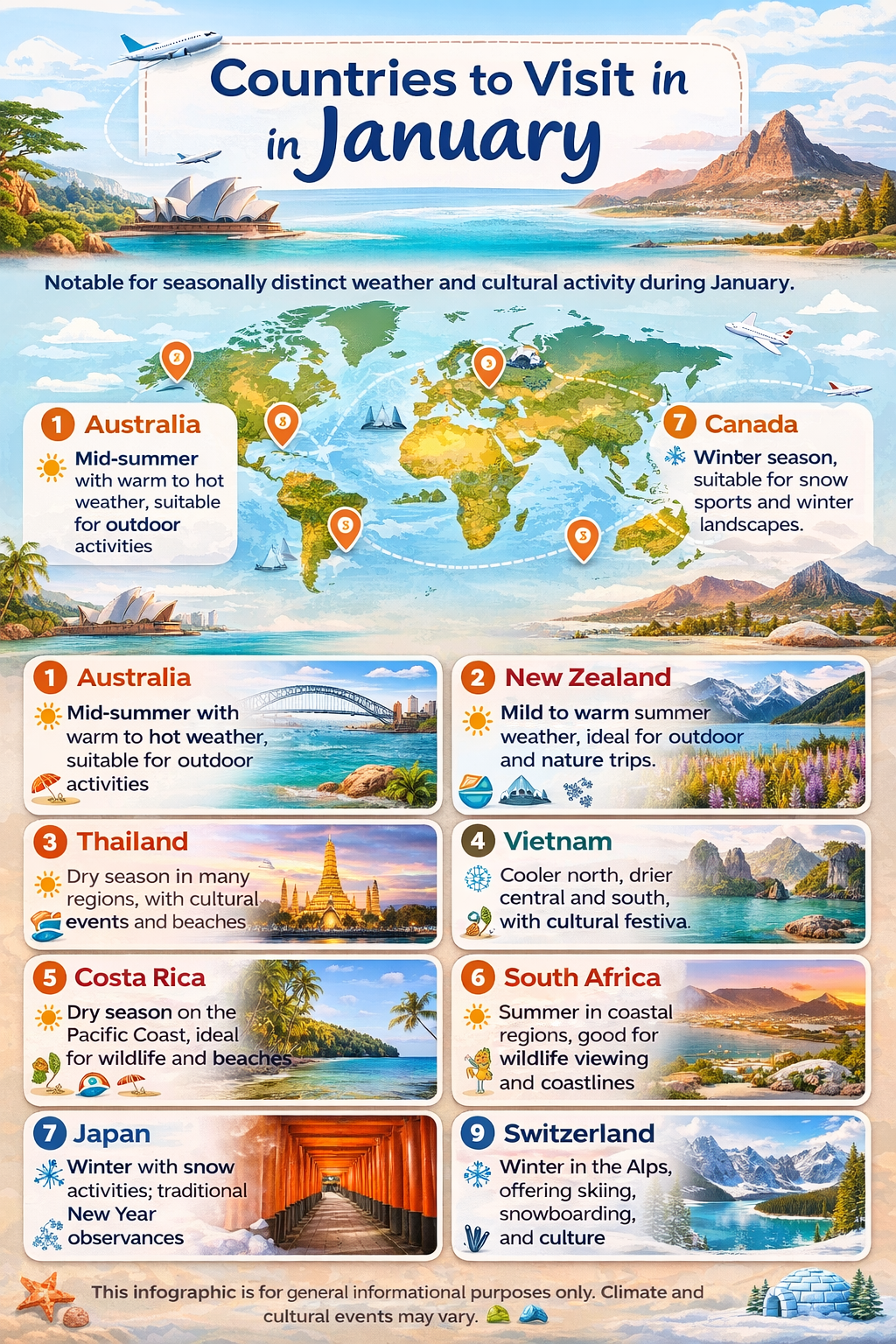 Infographic map highlighting selected countries with brief notes on seasonal climate patterns and cultural context in January.