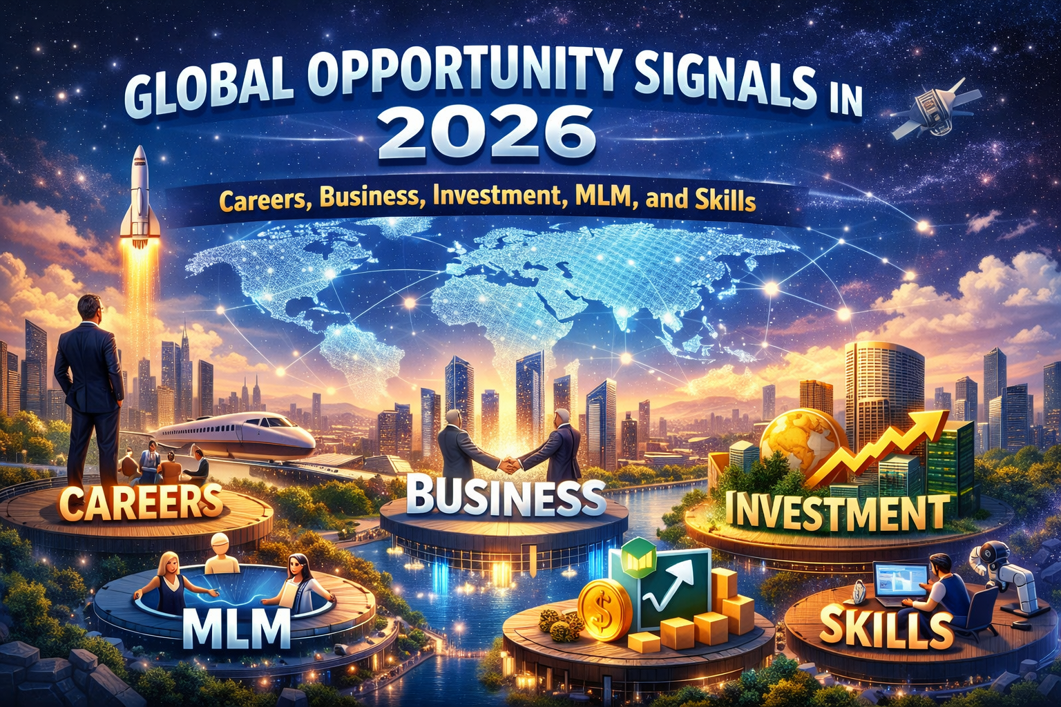 Visual representation of global career, business, investment, MLM, and skills trends in 2026.
