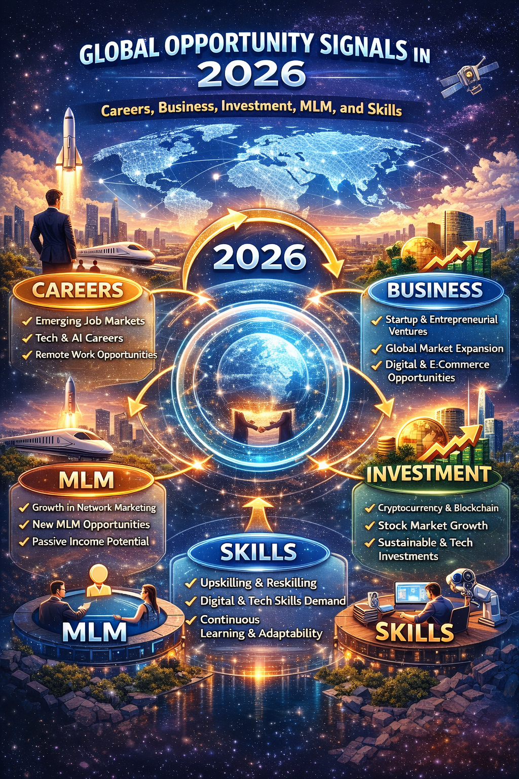 Infographic illustrating global career, business, investment, MLM, and skill development signals in 2026.