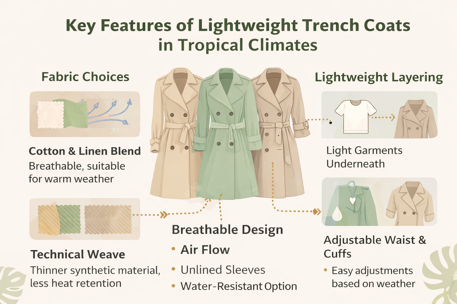 Infographic illustrating lightweight trench coat features, fabrics, and construction
