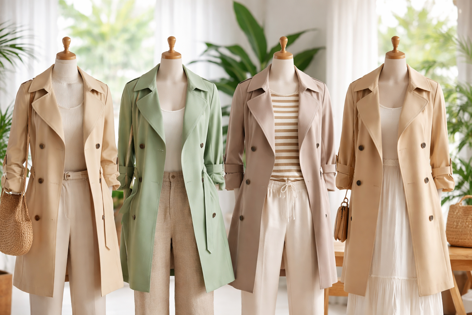 Lightweight Trench Coat Styles for Tropical Winter Neutral view of lightweight trench coats on mannequins in tropical winter clothing display