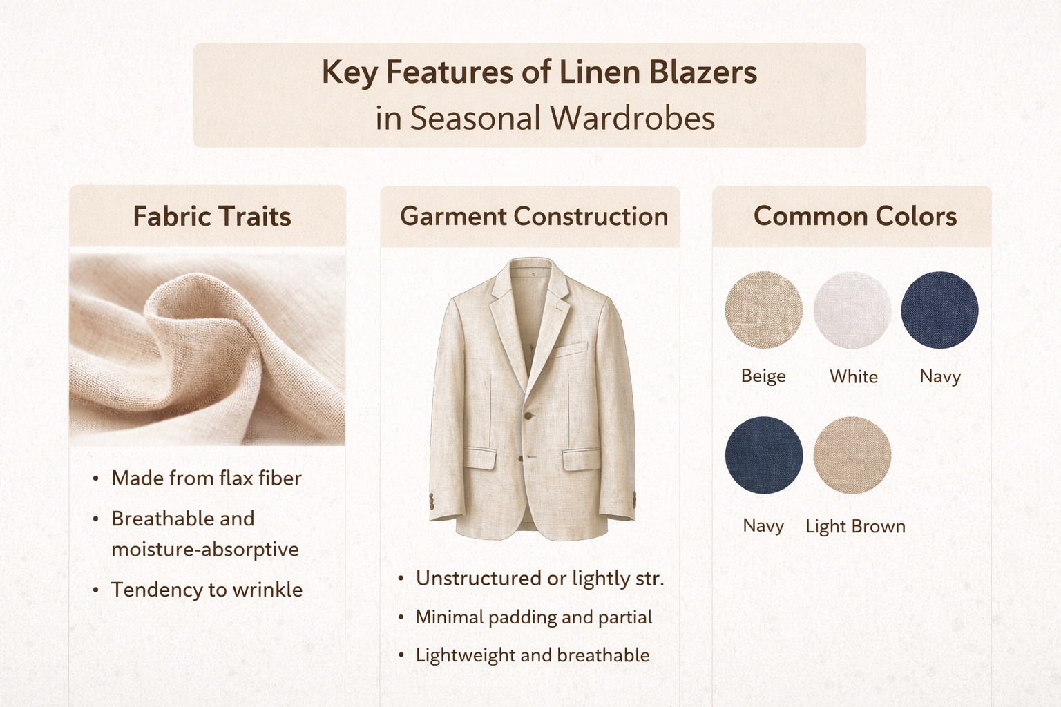 Visual summary of linen blazer fabric traits, structure, and common color categories.
