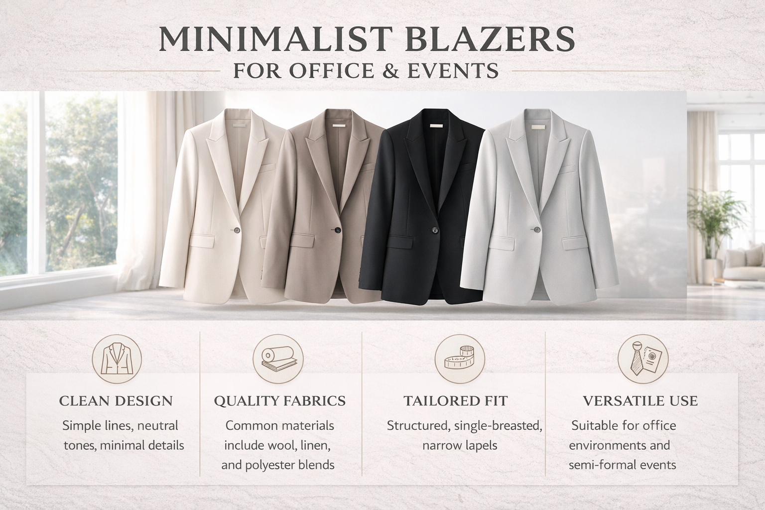 Infographic showing minimalist blazer features, including fabric types, clean design elements, tailoring, and usage contexts