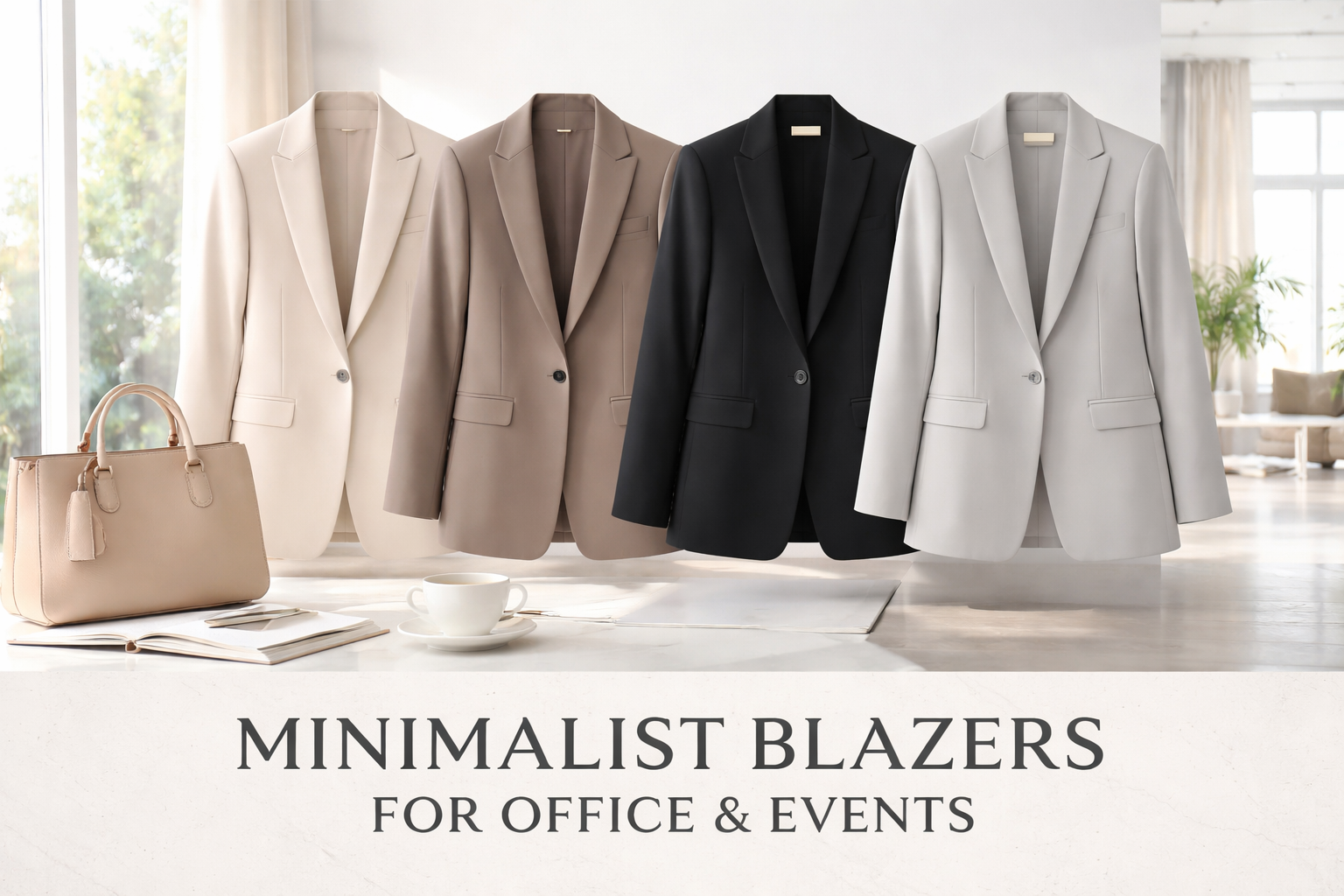 Minimalist Blazers in Neutral Tones for Office and Events Neutral-toned minimalist blazers displayed in a clean, modern indoor setting