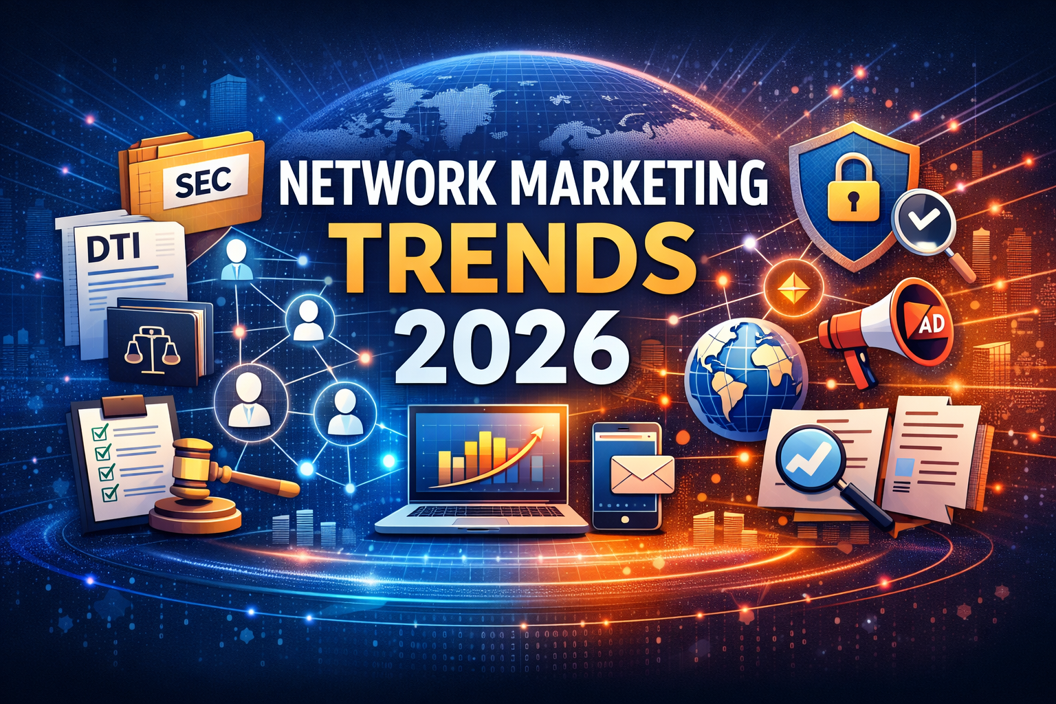 Abstract digital network graphic with compliance and marketing icons for a 2026 industry trends article.