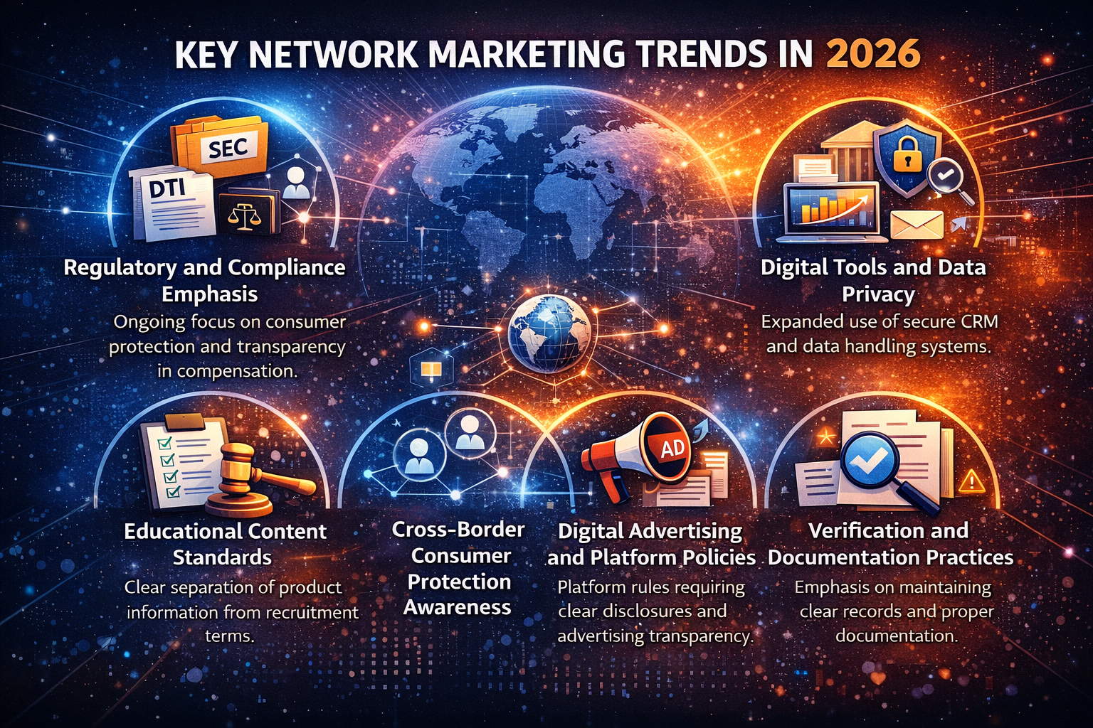 Infographic listing major 2026 network marketing trends, including compliance emphasis, digital tools, platform rules, and documentation practices.