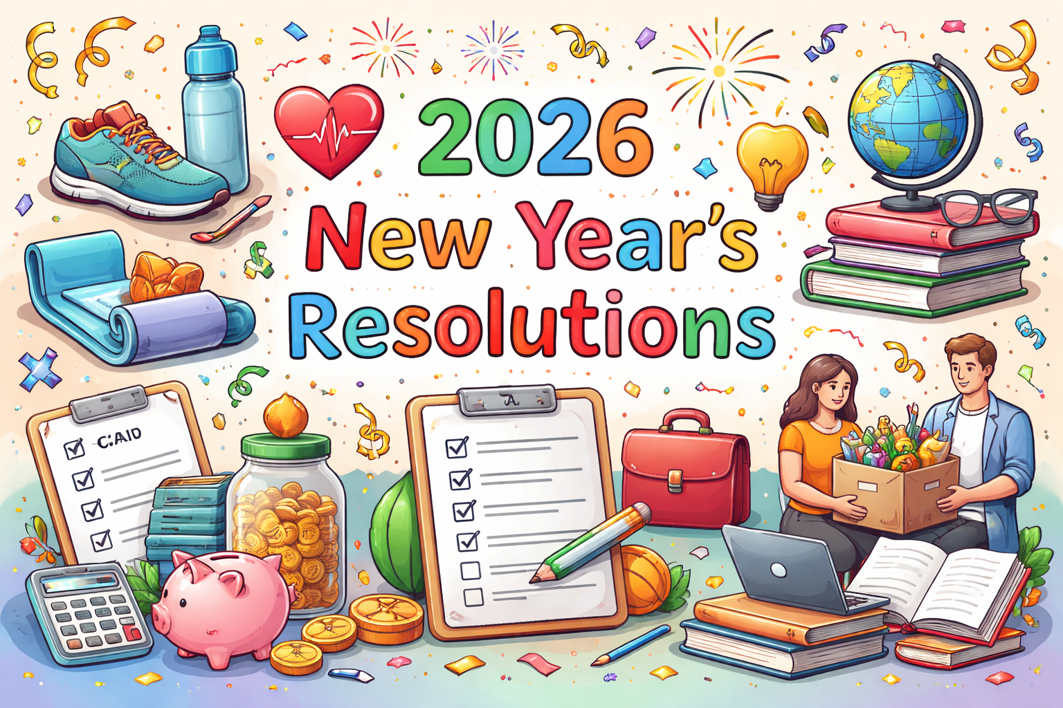 Flat-style illustration of 2026 New Year’s resolutions with icons for fitness, learning, finances, health, and personal growth.
