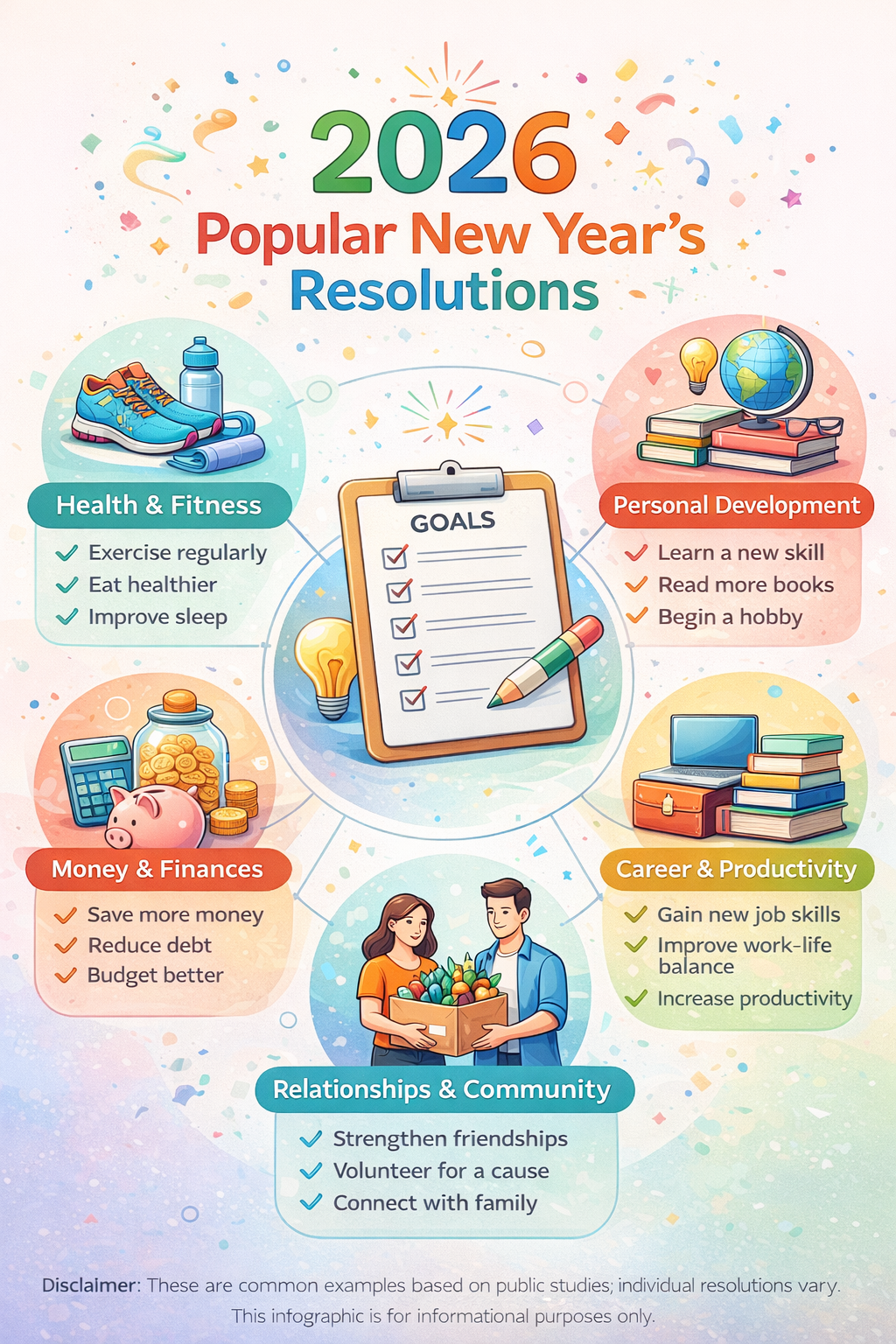 Modern infographic displaying five major New Year’s resolution categories in 2026.