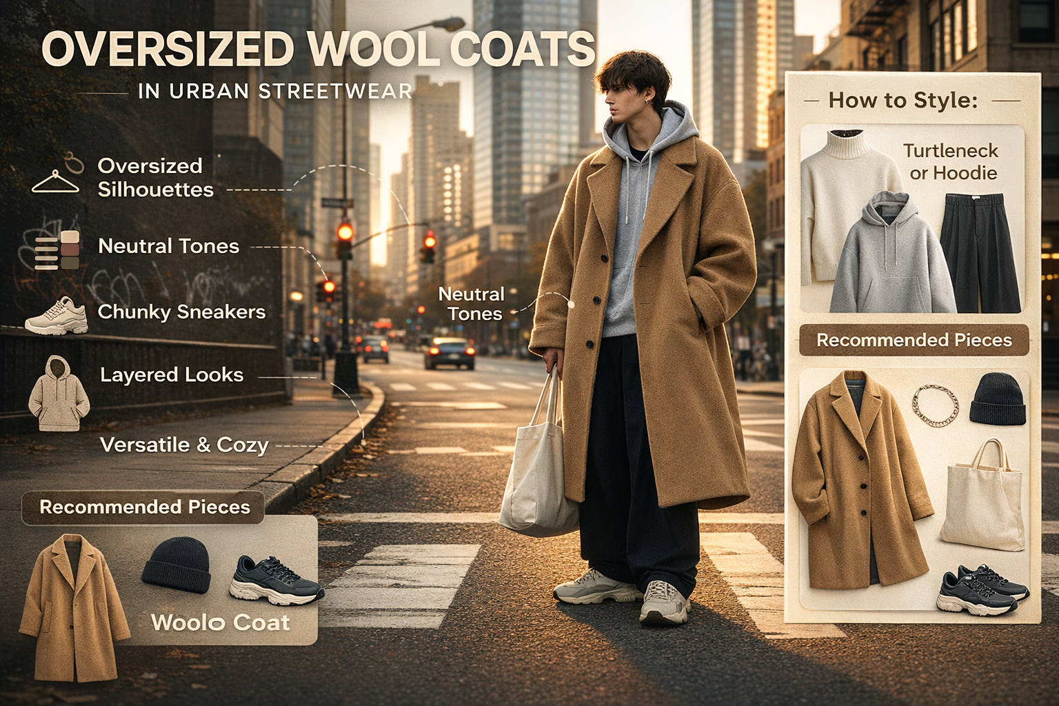 Visual breakdown of oversized wool coat structure and fabric elements