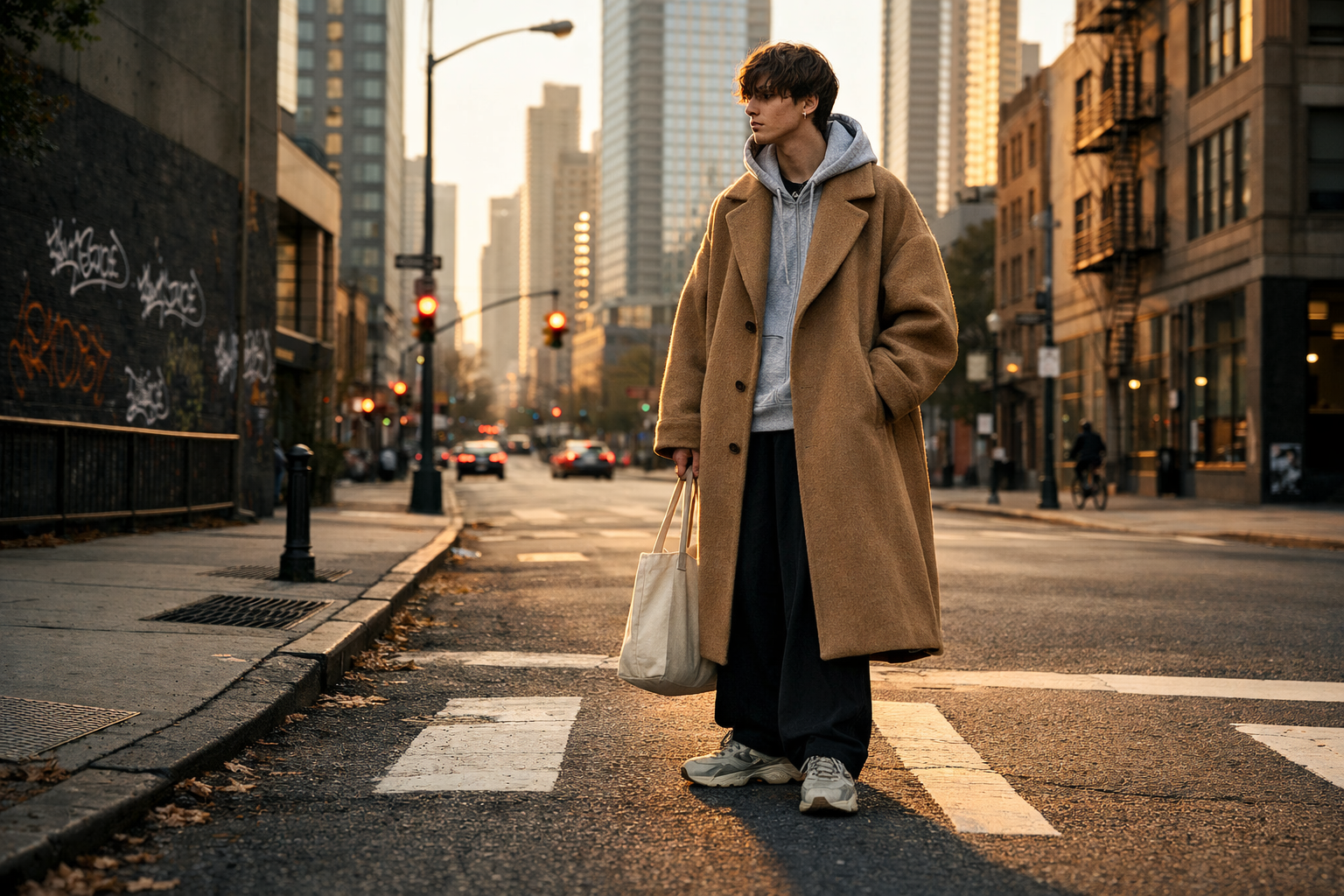 Oversized wool coats styled in an urban streetwear setting