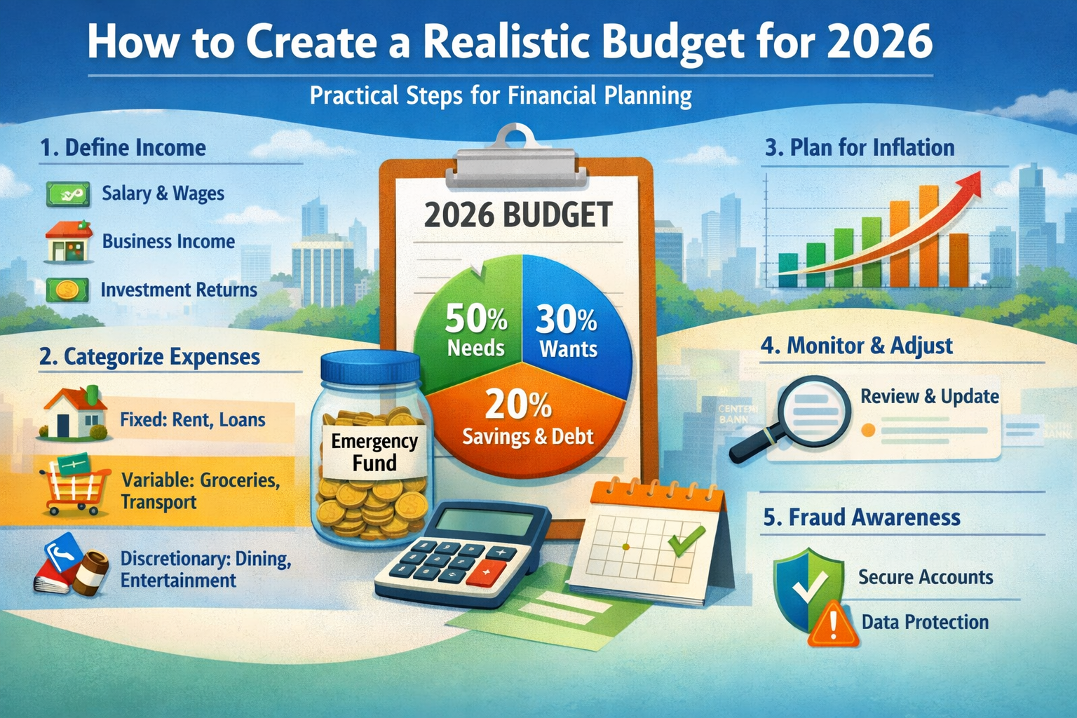 Illustration of a 2026 budget chart with income categories, expense sections, calculator, and emergency fund jar.