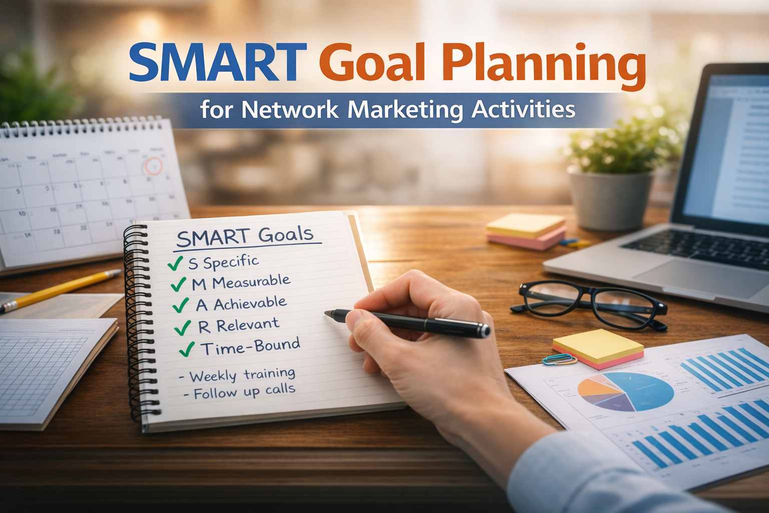 SMART Goal Planning for Network Marketing Activities Person writing SMART goals in a notebook with calendar and laptop on a desk