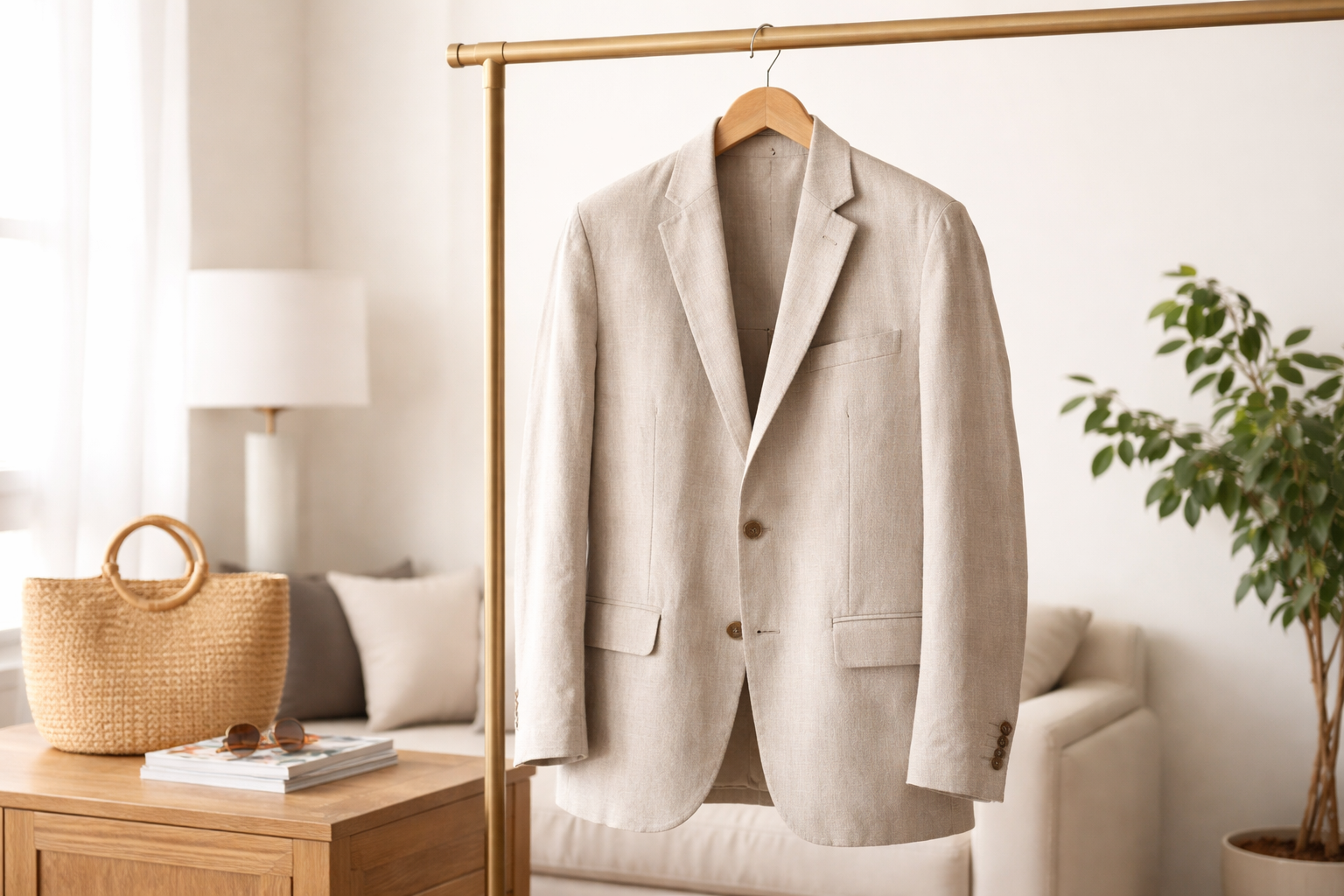 Linen Blazers as Lightweight Summer-Transition Jackets Neutral image of a linen blazer displayed on a hanger in a minimal indoor setting.
