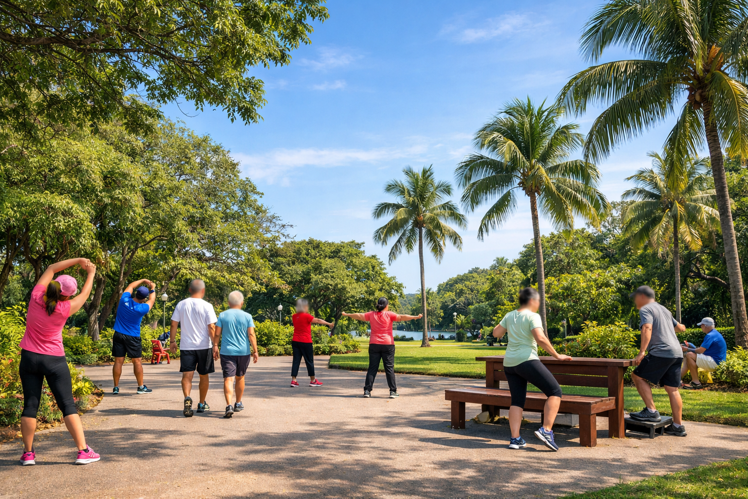Wide-angle view of people performing light outdoor exercises in a tropical park environment