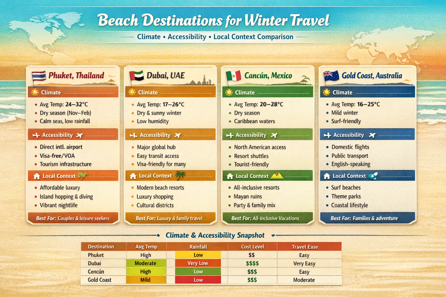 Map and table of tropical beach destinations, temperatures, and seasonal travel information.