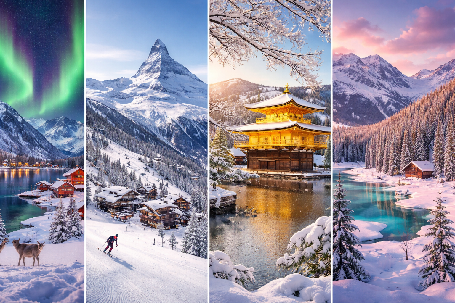 Winter Travel Destinations 2026 – Global Overview Panoramic winter landscapes with snowy mountains, Arctic villages, and Northern Hemisphere winter scenes.