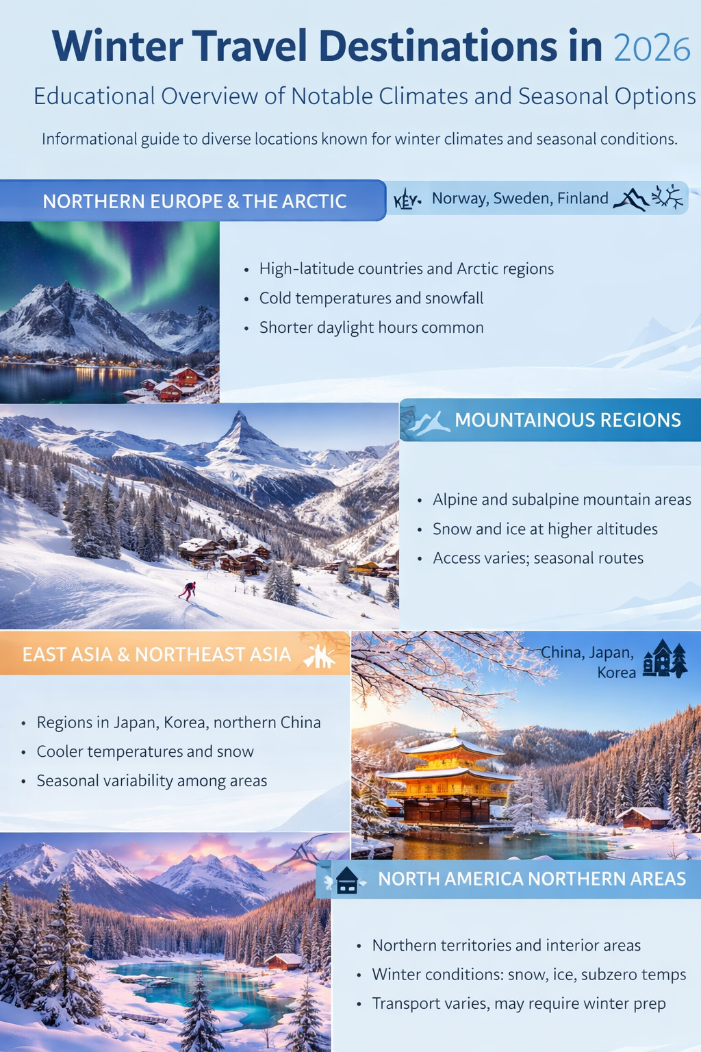 Educational infographic showing global winter regions, climates, and seasonal travel considerations.