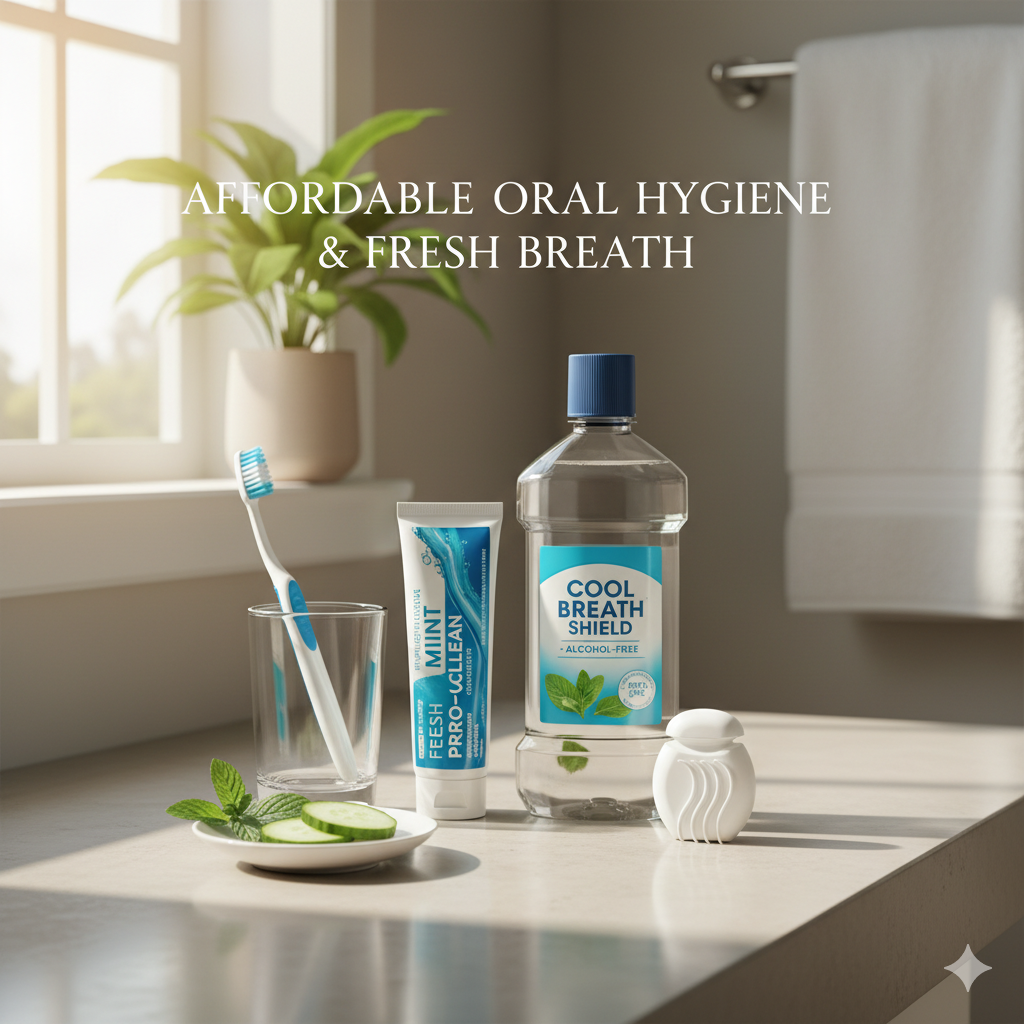 Toothbrush, toothpaste, dental floss, and tongue cleaner arranged on a clean bathroom surface with neutral lighting.