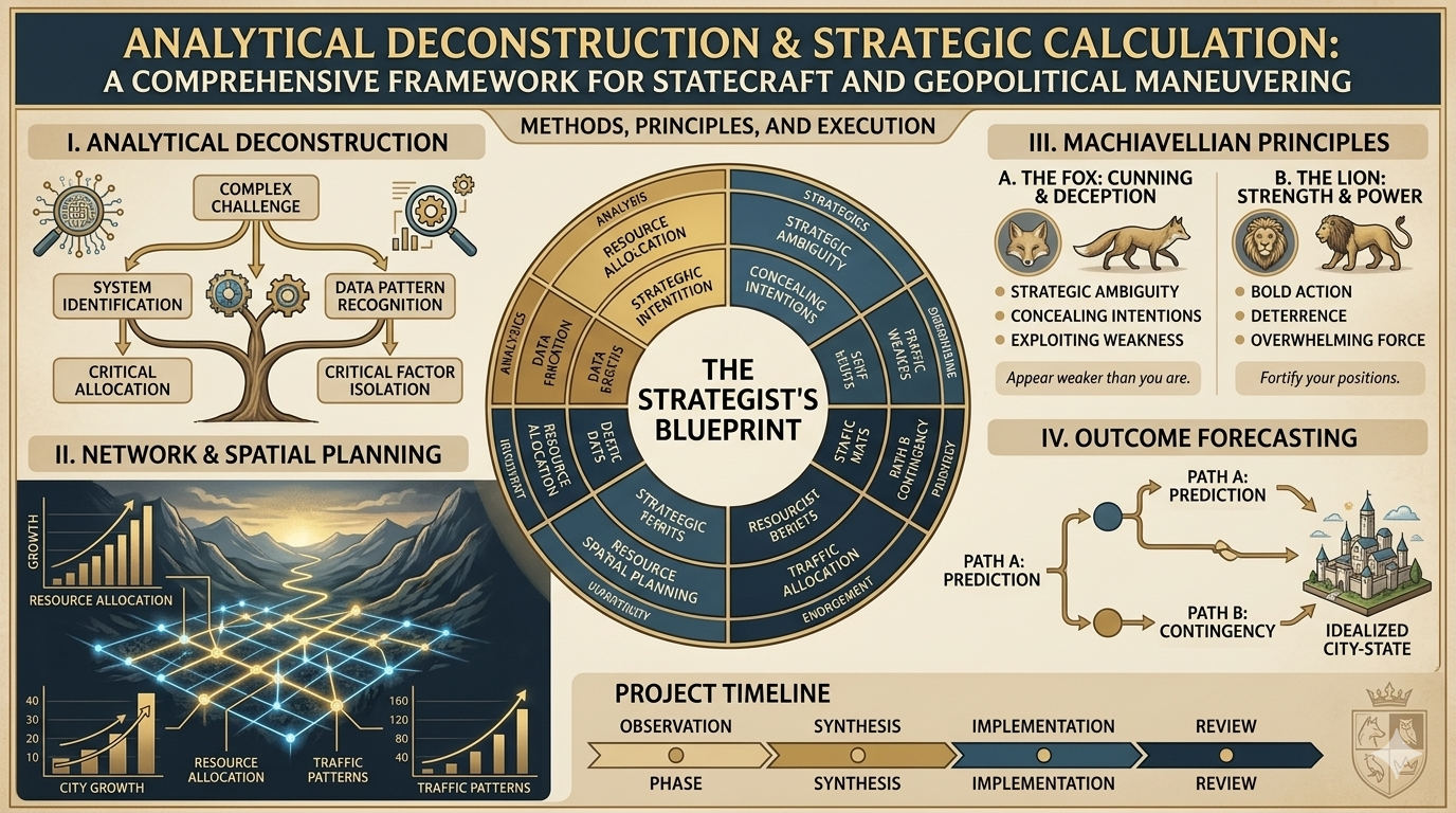 Structured diagram showing analytical thinking components alongside Machiavellian traits in labeled sections