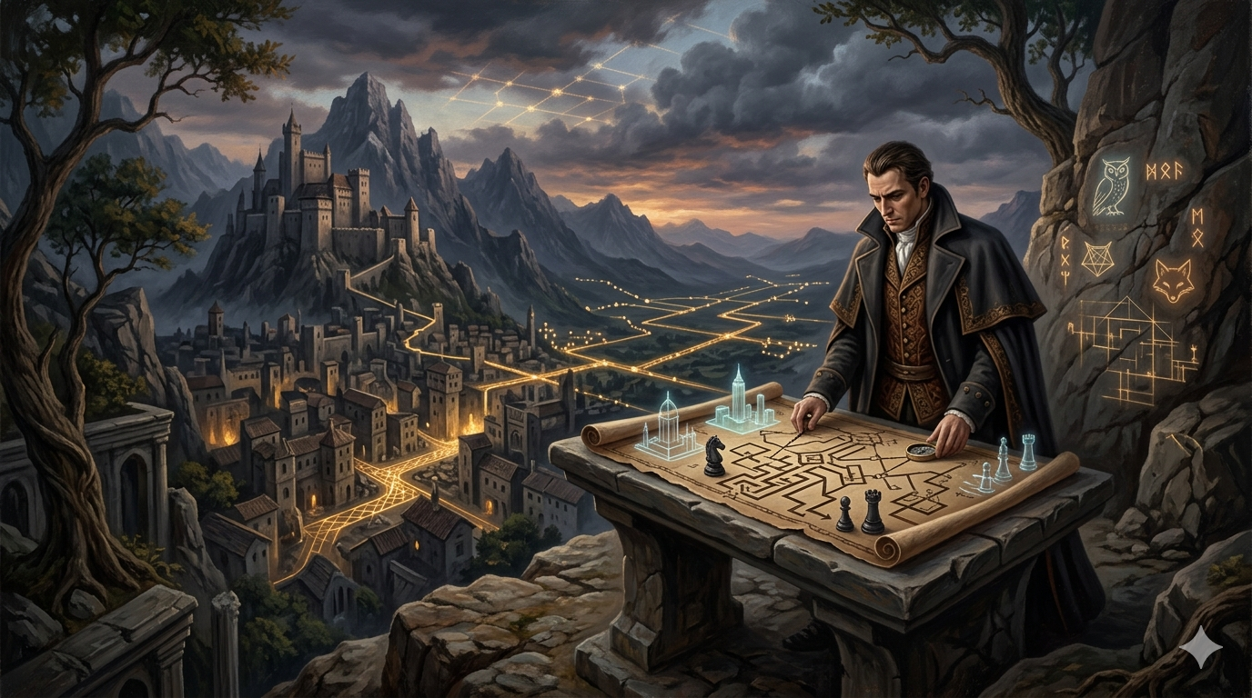 Illustration of a person reviewing charts and symbolic figures representing structured reasoning and social dynamics