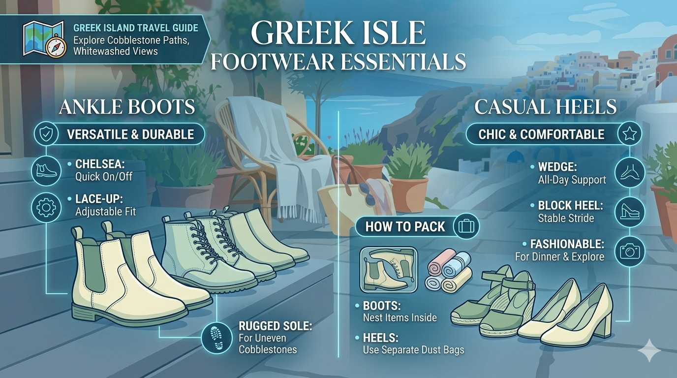 Infographic illustrating parts of ankle boots and casual heels including heel types, sole structure, and upper materials
