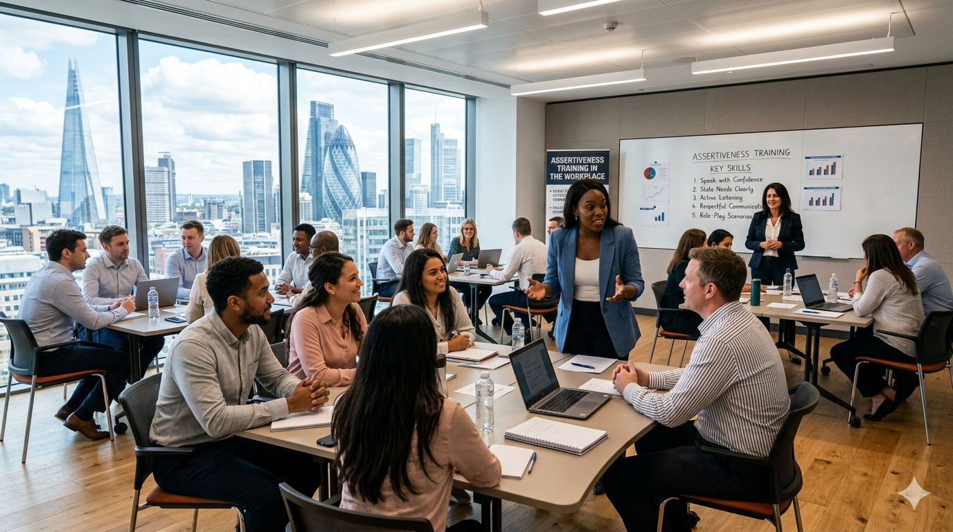 Office meeting with professionals seated at a table engaged in a structured discussion