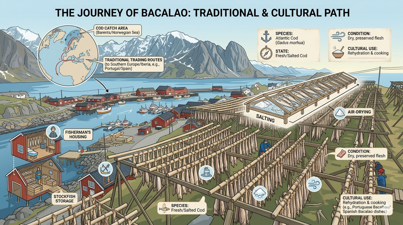 Chart showing bacalao protein, fat, sodium content and typical cooking steps
