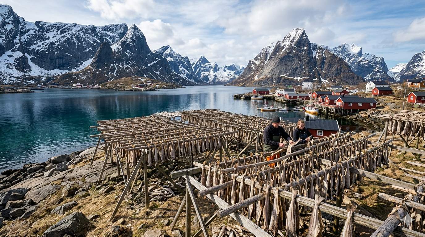 Top-down view of salted codfish displayed with traditional cooking ingredients