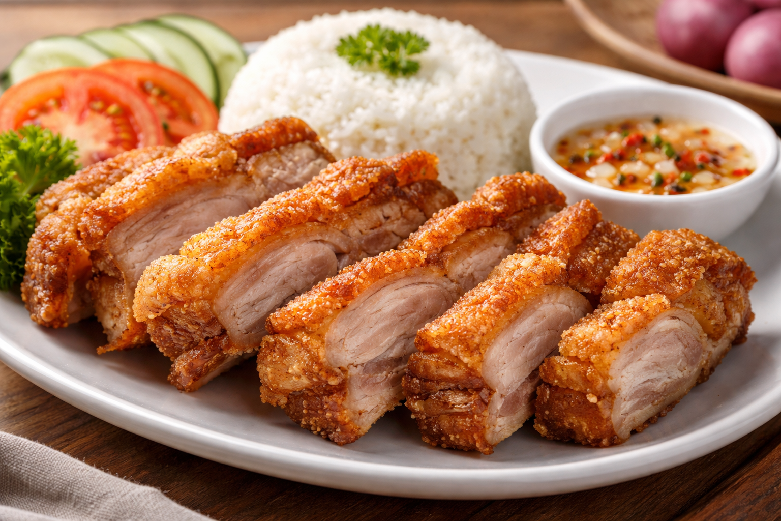 Crispy deep-fried pork belly slices arranged on a plate with rice and vegetables