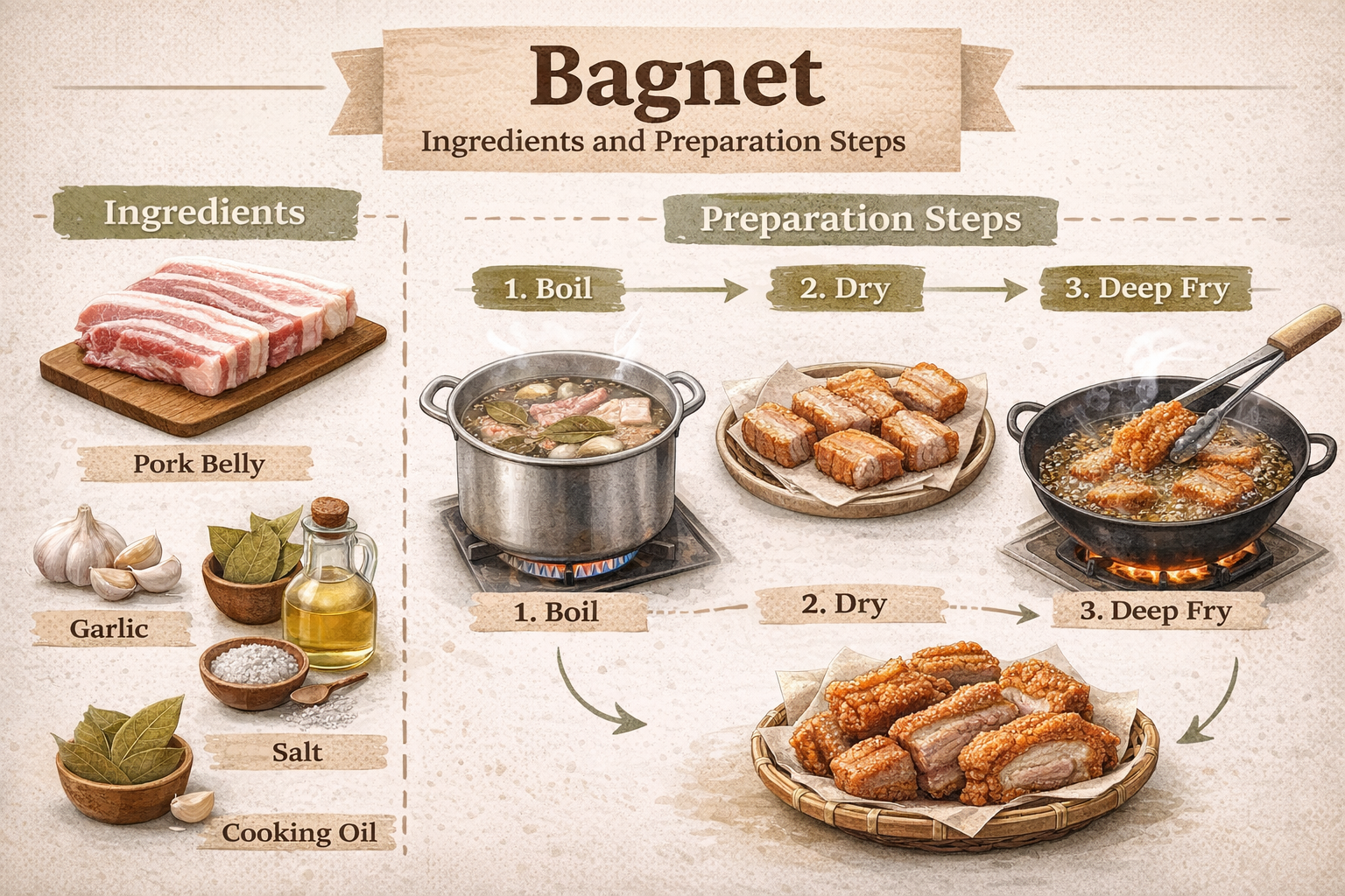 Visual layout showing pork preparation steps, boiling, drying, and deep frying, with labeled ingredients