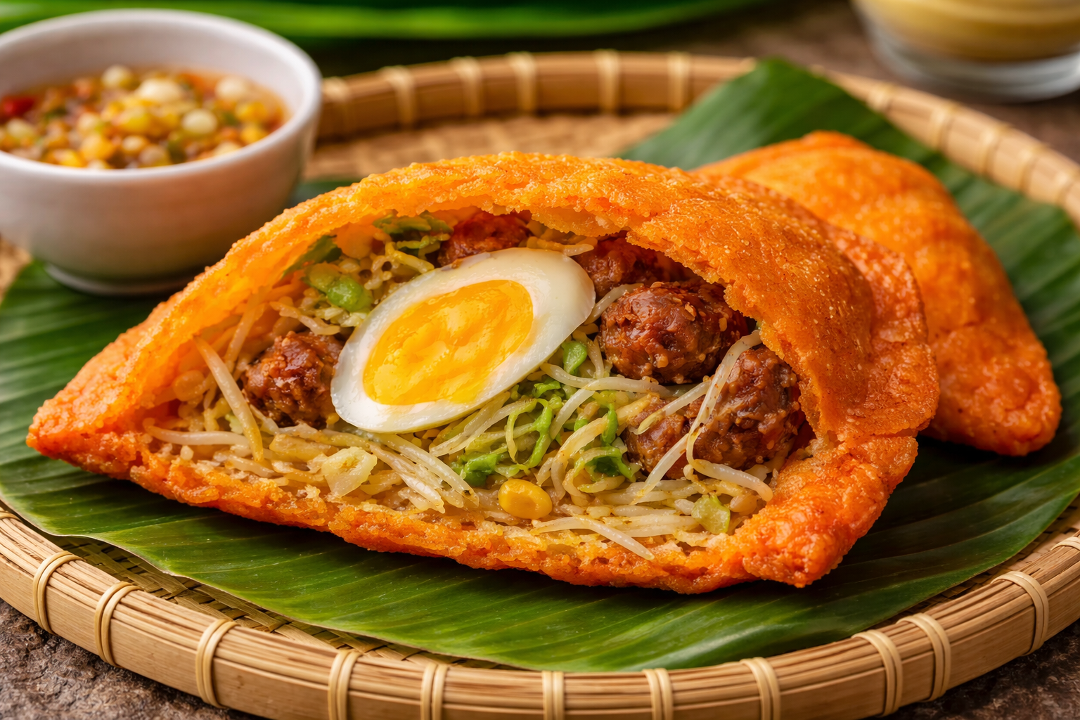 A freshly cooked Batac empanada with orange rice crust, visible filling of egg, vegetables, and sausage