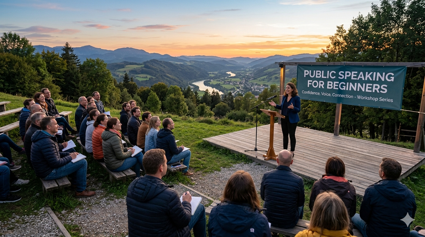 A person speaking in front of an audience with a presentation screen in a seminar setting