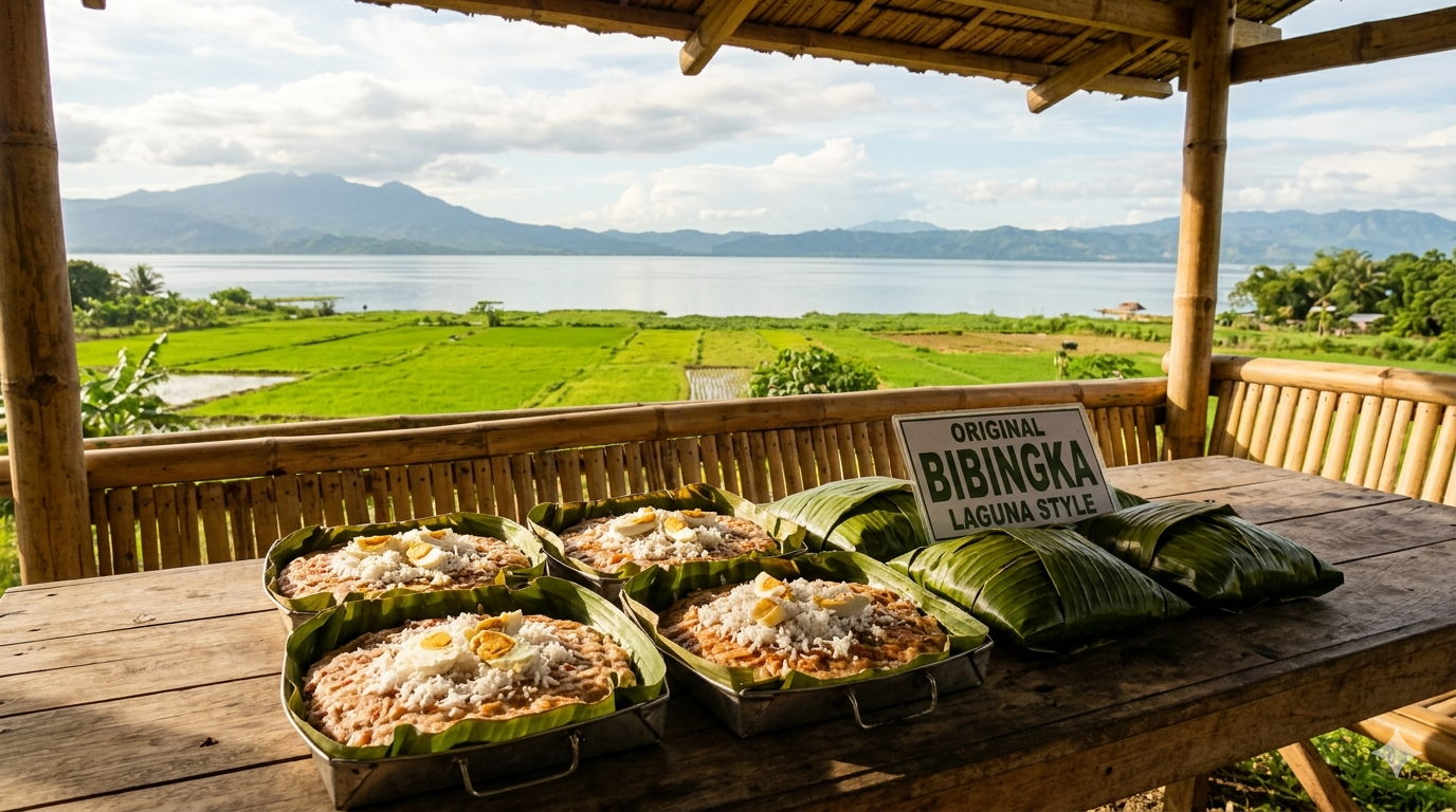 Top view of Bibingka Laguna rice cakes arranged on banana leaves.