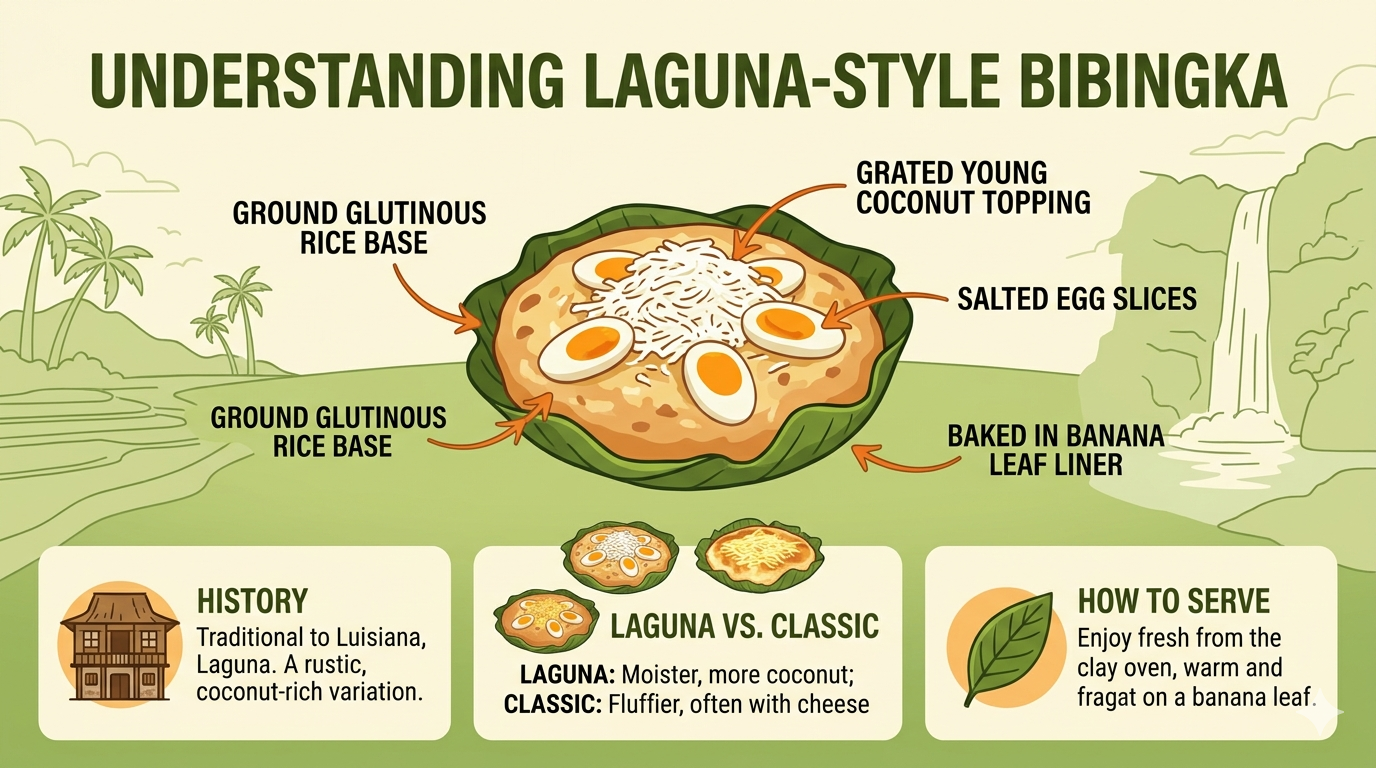 Infographic showing Bibingka Laguna style ingredients and baking steps.