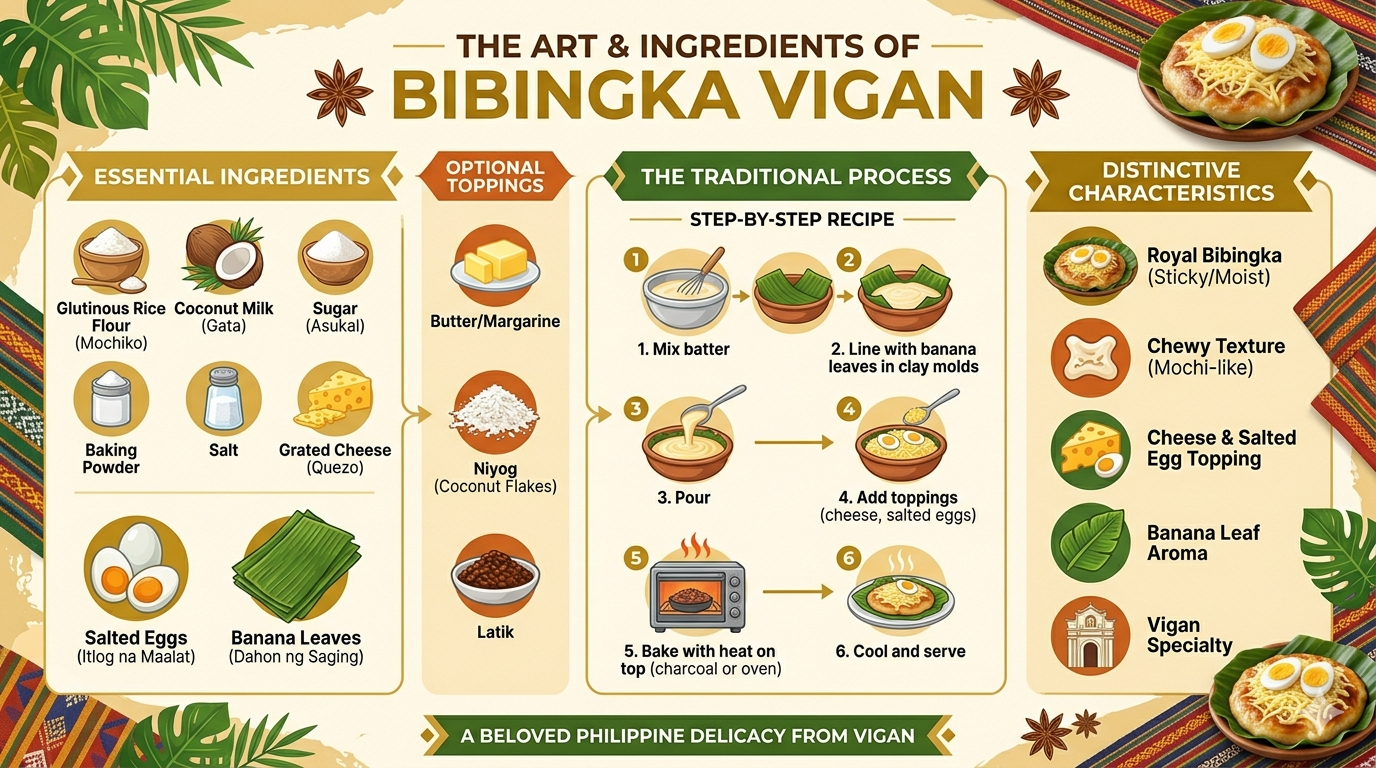 Diagram showing ingredients, batter preparation, and charcoal cooking method for Bibingka Vigan