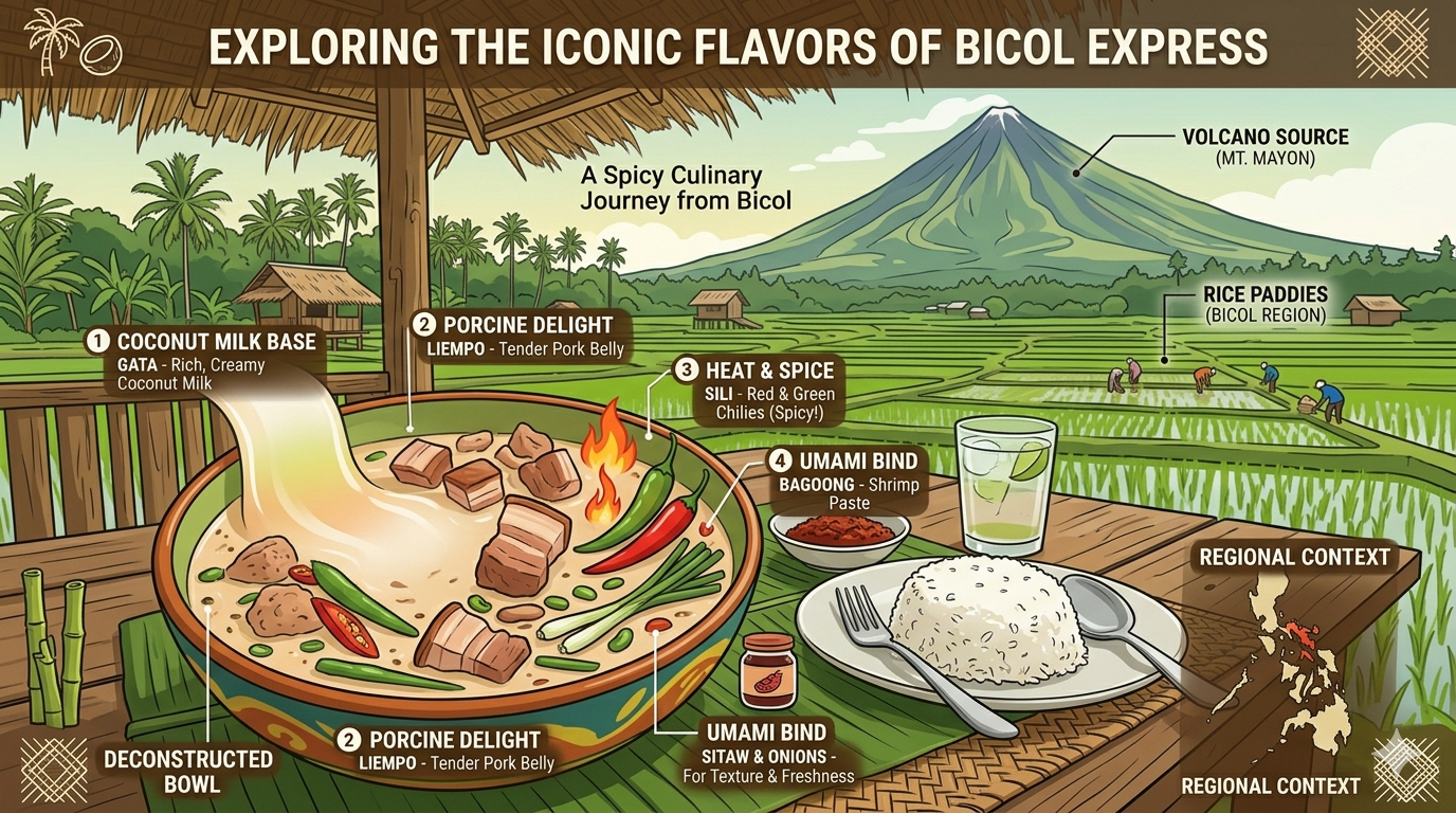 Visual breakdown of Bicol Express ingredients and approximate nutrient composition.