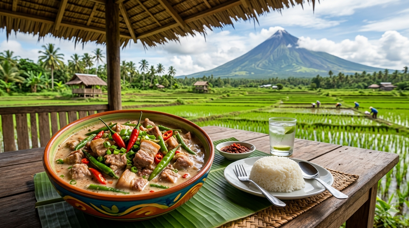 bicol-express-plate-ingredients. A plated serving of Bicol Express with visible pork, coconut milk, and chili.